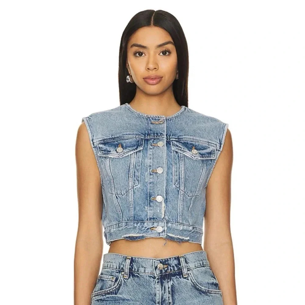 New Agolde Leo Cropped Denim Vest Blue XS - Picture 12 of 14